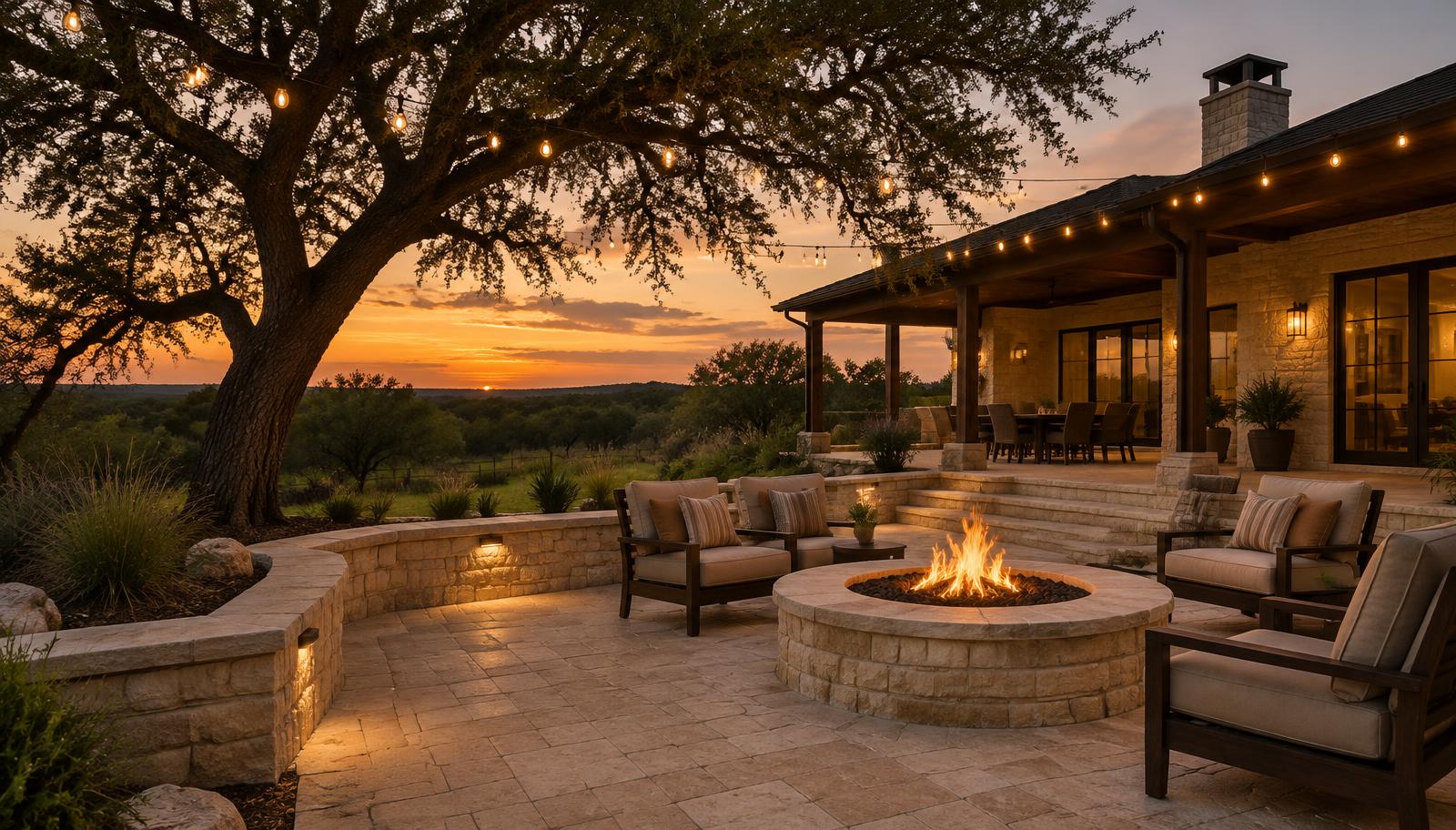 Paver patio with a stone seating wall and fire pit at dusk in a South Texas backyard