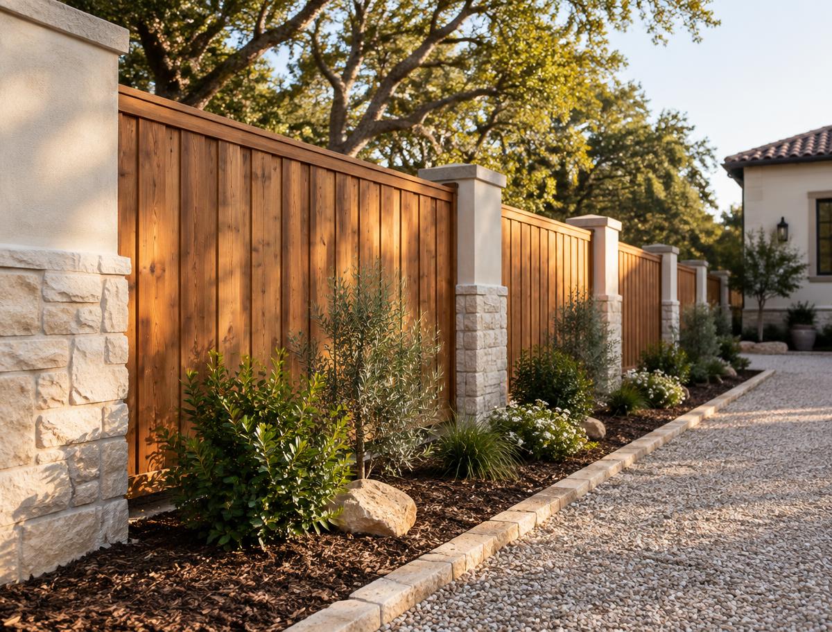 Privacy fence with stone columns